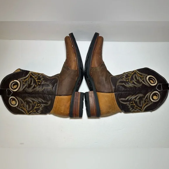 Mens Cowboy Tri-Color Tan Brown Leather Square Toe Rodeo Ranch Western Boots 9.5